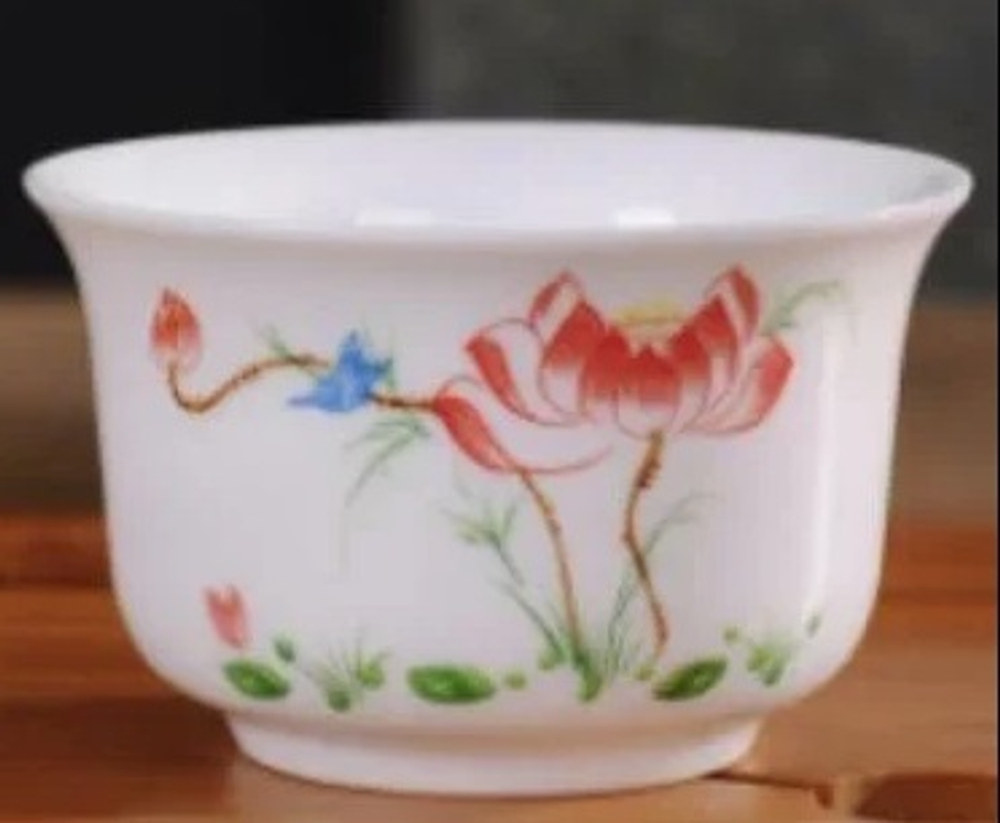 268019 Пиала ЦЗИНМЭЙ "Птички и лотос" h=4см, d=6,4см, 70 мл, фарфор