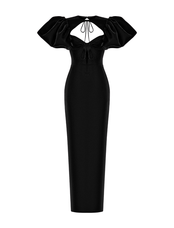 Платье миди удлиненное из бархата с объемными рукавами и вырезом