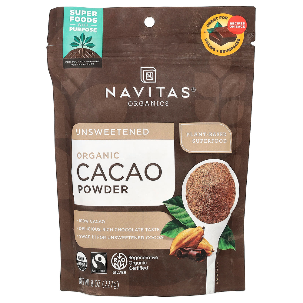 Navitas Organics, органический порошок какао, несладкий, 227 г (8 унций)