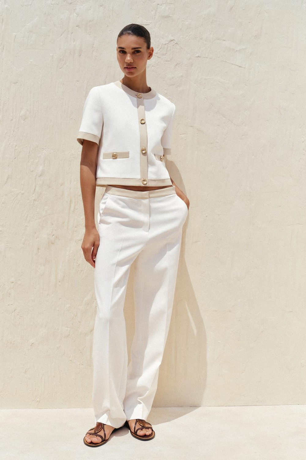 ZARA КОМБИНИРОВАННЫЙ БЛЕЙЗЕР С КОРОТКИМИ РУКАВАМИ, ЖЕЛТОВАТО-БЕЛЫЙ