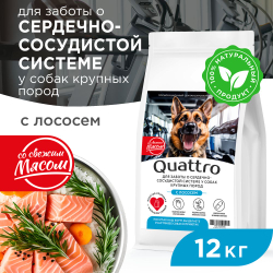 Корм сухой для взрослых собак крупных пород, премиум полнорационный комплекс, для заботы сердечно-сосудистой системы, с лососем, 12 кг, QUATTRO