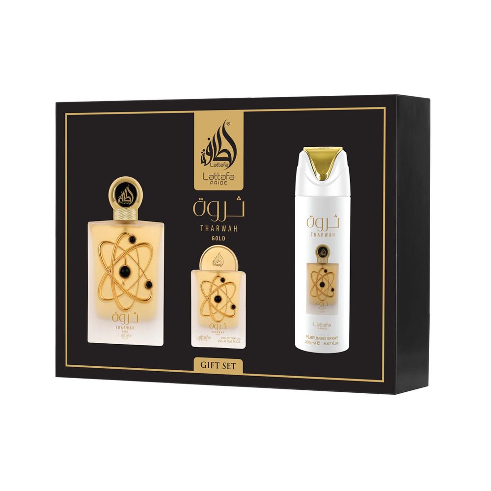 Lattafa Pride Tharwah Gold EDP 100 ml + EDP 20 ml + Bodyspray 200 ml (unisex) 1 ml