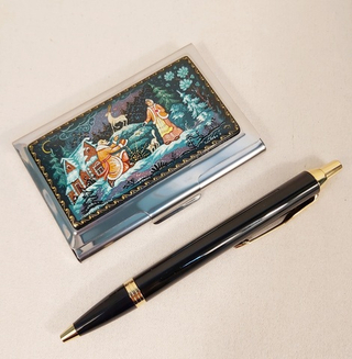 Набор "Серебряное копытце" визитница персональная с ручной росписью Палех и авторучка Parker