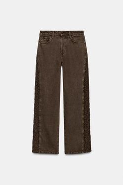 ZARA ДЖИНСЫ Z1975 LOOSE СО СРЕДНЕЙ ПОСАДКОЙ И ВСТАВКАМИ КРЮЧКОМ, КОРИЧНЕВЫЙ