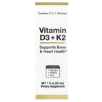 California Gold Nutrition, витамины D3 и K2 в форме MK-4, 25 мкг (1000 МЕ), 30 мл (1 жидк. унция)
