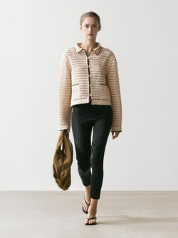 Massimo Dutti Вязаный жакет с контрастными элементами, бежевый