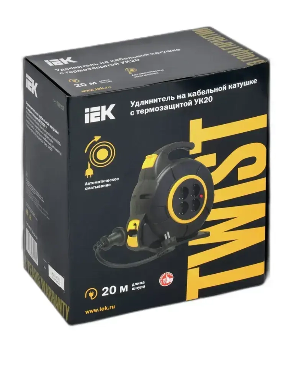 Удлинитель TWIST Катушка 4 места УК20 4 розетки 2P+PE/20м ПВС 3х1,5мм2 автосмотка IEK