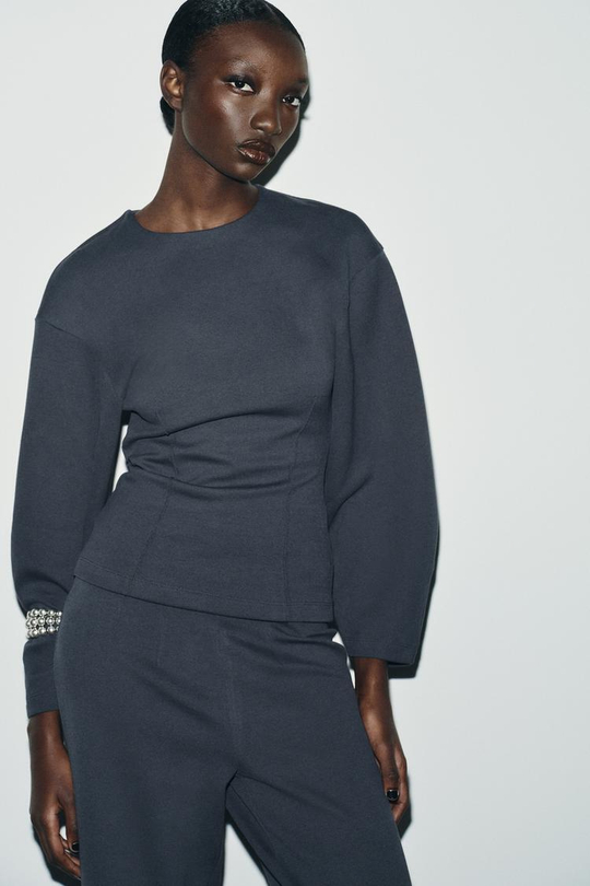 ZARA ТОП ИЗ ИНТЕРЛОКА СО СКЛАДКАМИ, ТЕМНО-СЕРЫЙ