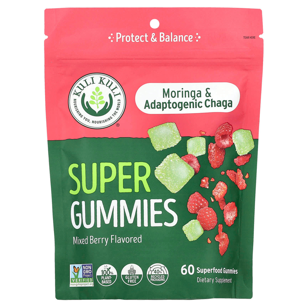 Kuli Kuli, Super Gummies, моринга и адаптогенная чага, ягодное ассорти, 60 жевательных мармеладок