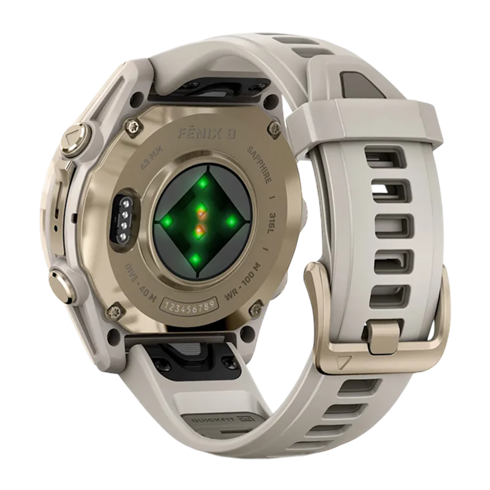 Спортивные часы Garmin fenix 8, 43 мм, AMOLED, сталь, сапфир, силиконовый ремешок цвета «серый туман»/«тёмный песчаник» Золотистый безель из нержавеющей стали, AMOLED-дисплей. Ремешок с классической застёжкой — на запястье обхватом 108–182 мм