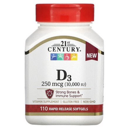 Витамин D 21st Century, Витамин D3, 250 мкг (10 000 МЕ), 110 мягких таблеток