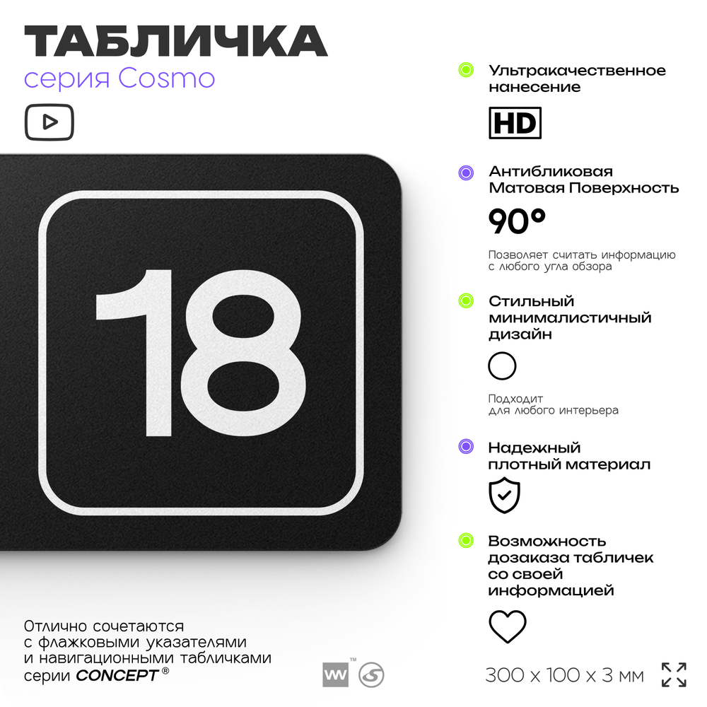 Таблички с номером помещения "Помещение №18", номер на дверь, 30 х 10 см, серия COSMO 3010, черная, Айдентика Технолоджи