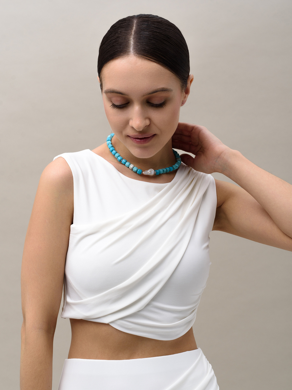 Колье "Pearl caramel blue" Silver