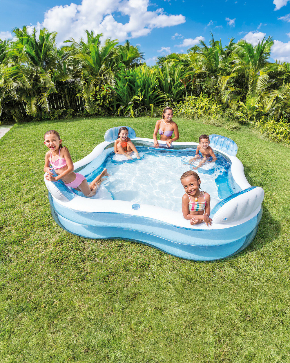 Бассейн надувной Intex 56475 Swim Center Family Lounge 229х229х66 см / Квадратный бассейн Интекс с сиденьями и спинками для дачи и отдыха