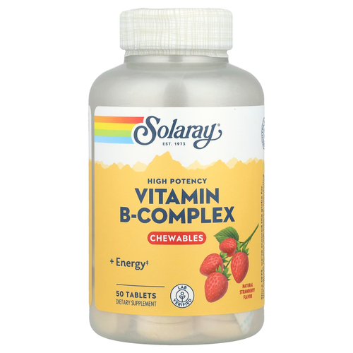 Solaray, жевательные таблетки с комплексом витаминов группы B, высокой эффективности действия, натуральная клубника, 50 таблеток