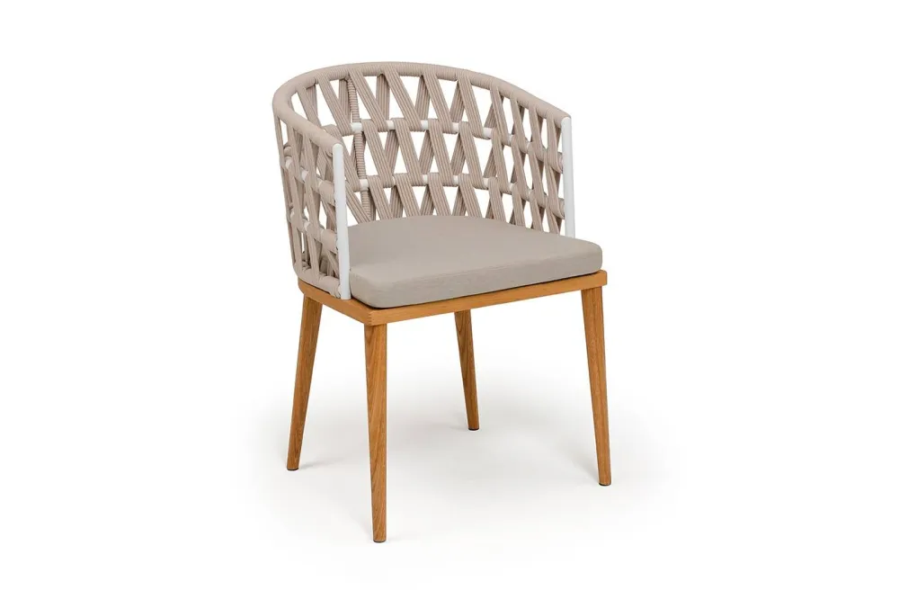 "Диего" стул плетеный из роупа, основание дуб каркас из стали белый муар, роуп бежевый круглый, ткань бежевая 052