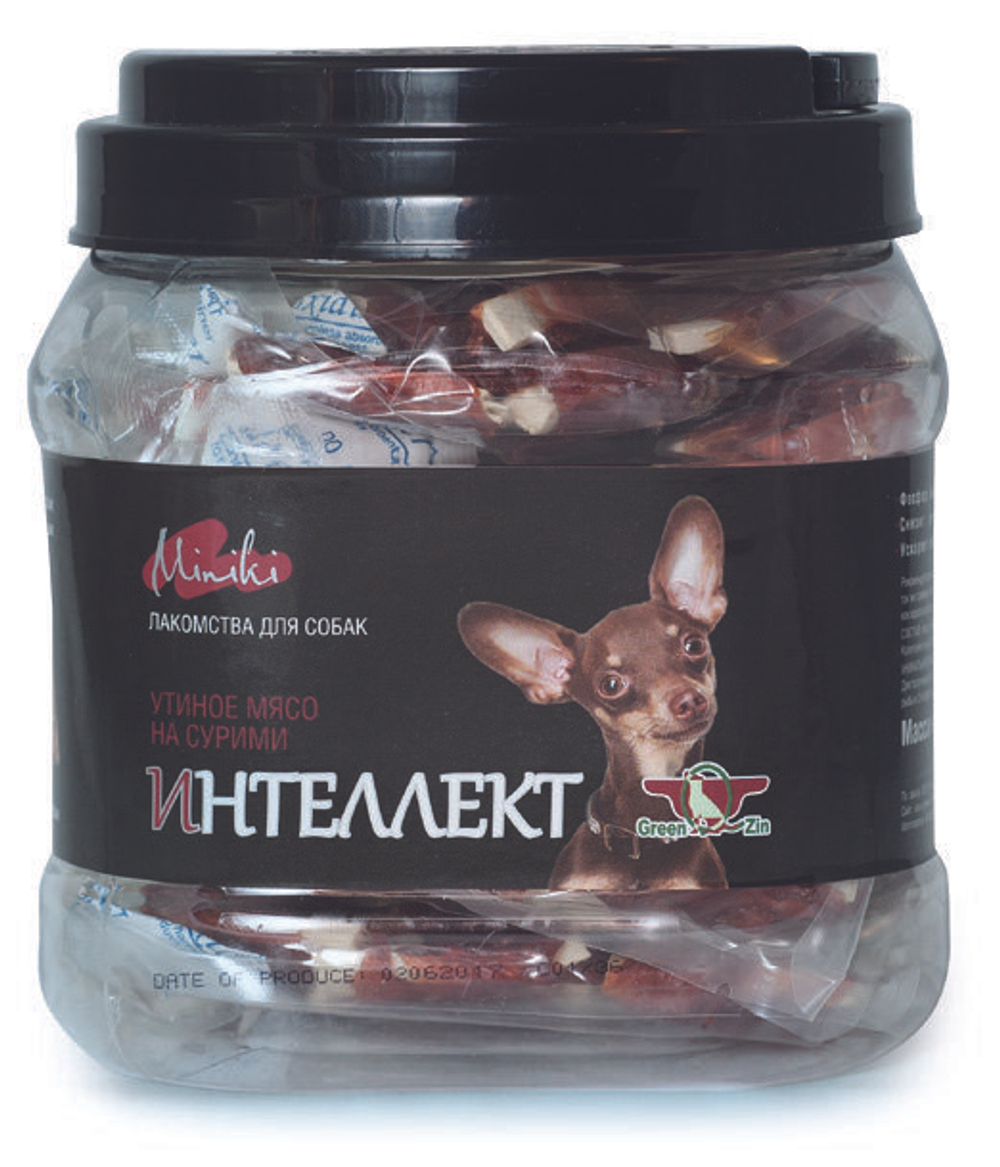 Лакомство для собак "Грин Кьюзин" GREEN QZIN МИНИКИ ИНТЕЛЛЕКТ (сушеное утиное мясо на сурими для мини пород) 440 гр
