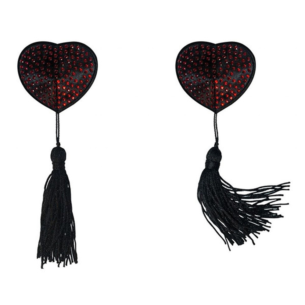 Черно-красные пэстисы-сердечки с кисточками и стразами Lola Pasties Burlesque Evans Red 3635-03lola