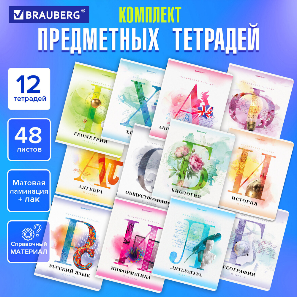 Тетради предметные комплект 12 ПРЕДМЕТОВ 48 л. матовая ламинация лак BRAUBERG "CALM" (2 штуки в упаковке)
