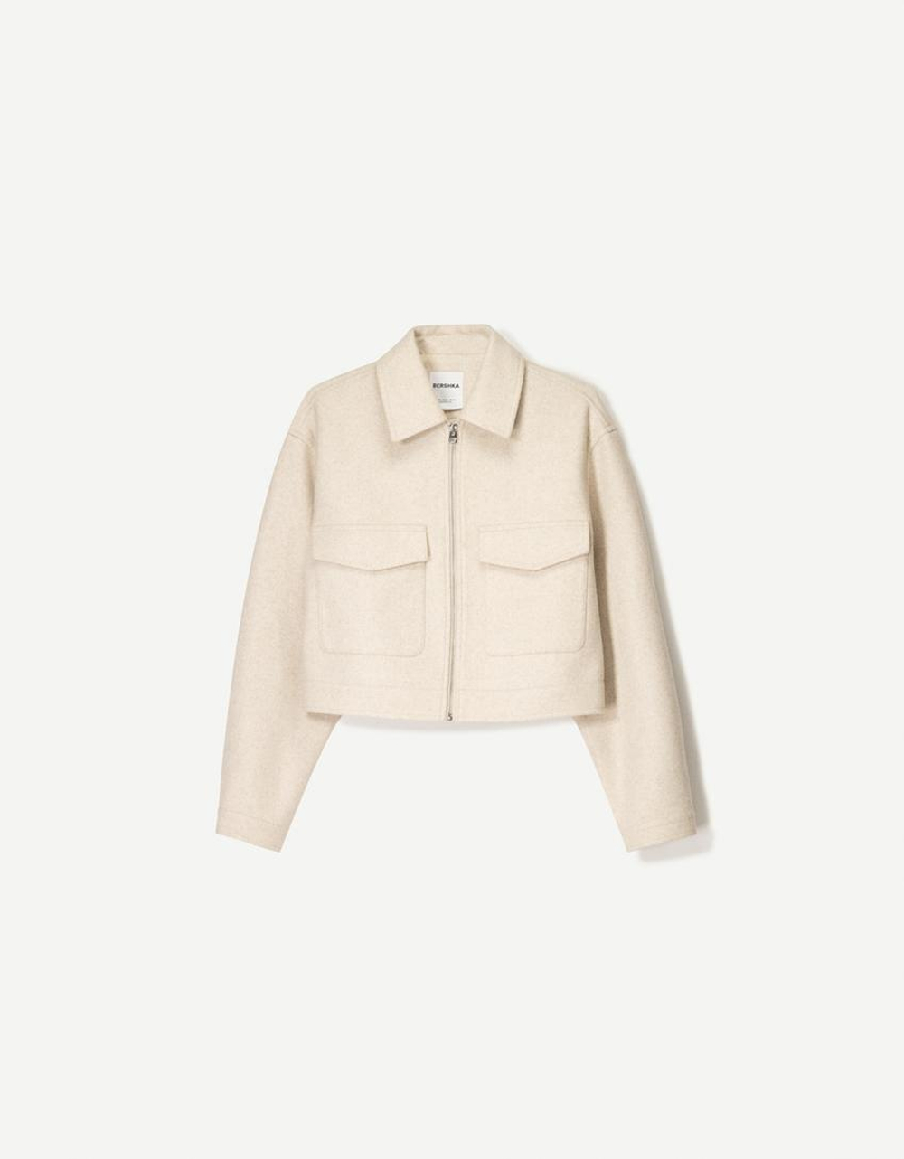 BERSHKA Мягкая укороченная куртка на молнии, экрю