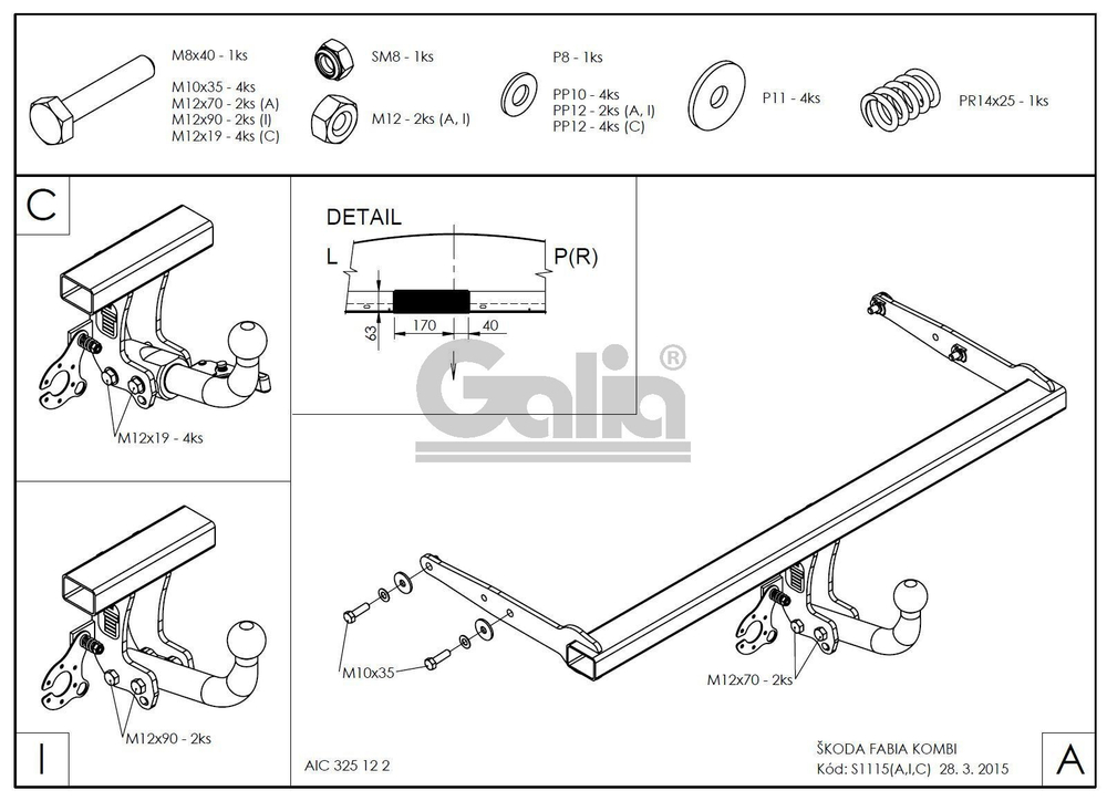 Оцинкованный фаркоп на Skoda Fabia универсал 2015-2021 (без электрики), Galia S111C