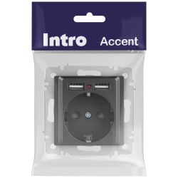 Розетка Intro Accent 6-410-07 с заземлением 2P+E Schuko со шторками 16А-250В + 2хUSB IP20 СУ графит