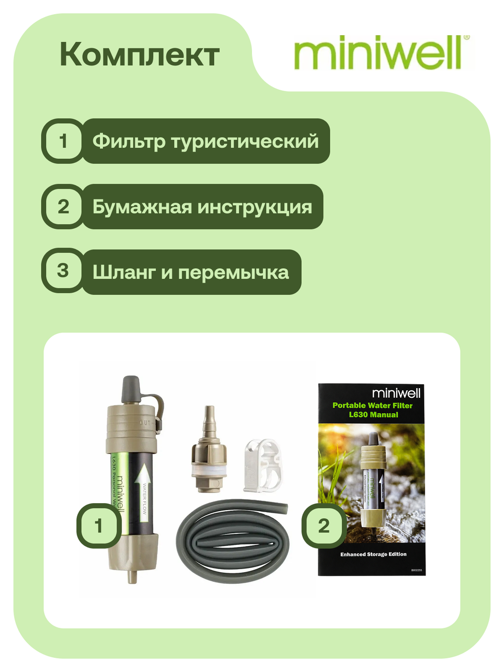 Фильтр для воды в вакуумной упаковке Miniwell L630 / туристический походный фильтр для выживания