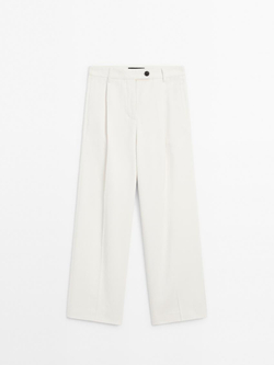 Massimo Dutti Широкие брюки из смесового хлопка со складками, натуральный, кремовый