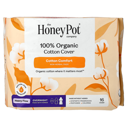 The Honey Pot Company, ночные прокладки с крылышками из 100% органического хлопка, плотные, 16 шт.