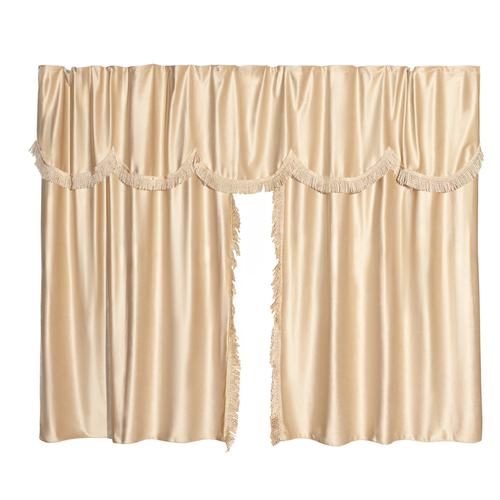 Шторы спального места с ламбрекеном в кабину Volvo, Scania, MAN, DAF, Merc, Камаз, Sitrak, Shacman, Foton, FAW. Высота 1,5м, ширина одной стороны - 1,15м. Блэкаут, велюр. Бежевый цвет с золотой бахромой