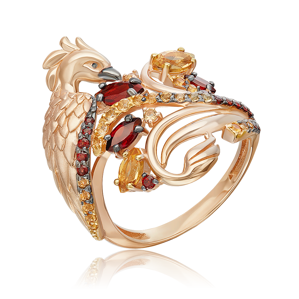 Кольцо «Феникс» из красного золота с гранатами, цитринами и эмалью