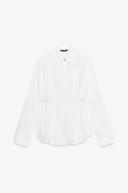 ZARA РУБАШКА ИЗ ПОПЛИНА СО СКЛАДКАМИ, БЕЛЫЙ
