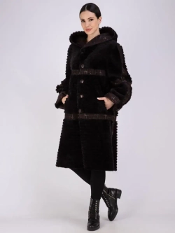 Дубленка женская натуральная длинная с капюшоном оверсайз