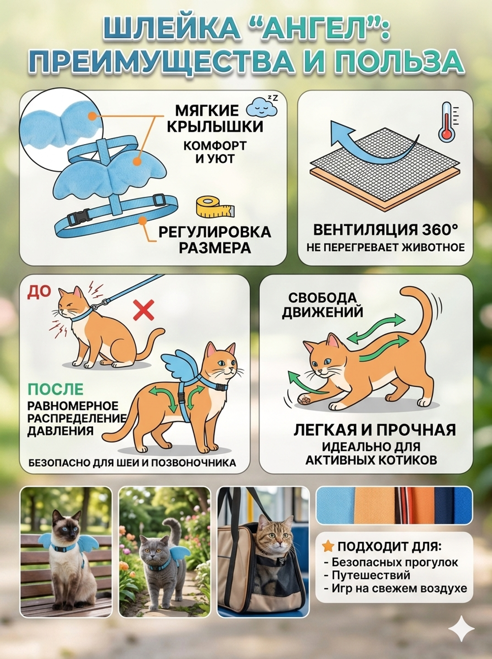 Шлейка с поводком «Ангел на прогулке» 150см цвет светло - голубой