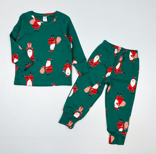 Пижама хлопковая "Дед Морозы с подарками" на темно-зеленом