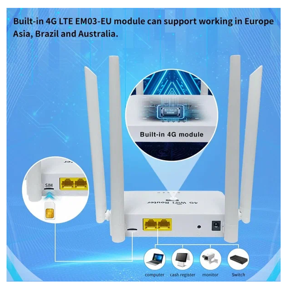 Wi-Fi роутер WE2008 с сим картой LTE 4G, 4 антены 300Mbps (белый)