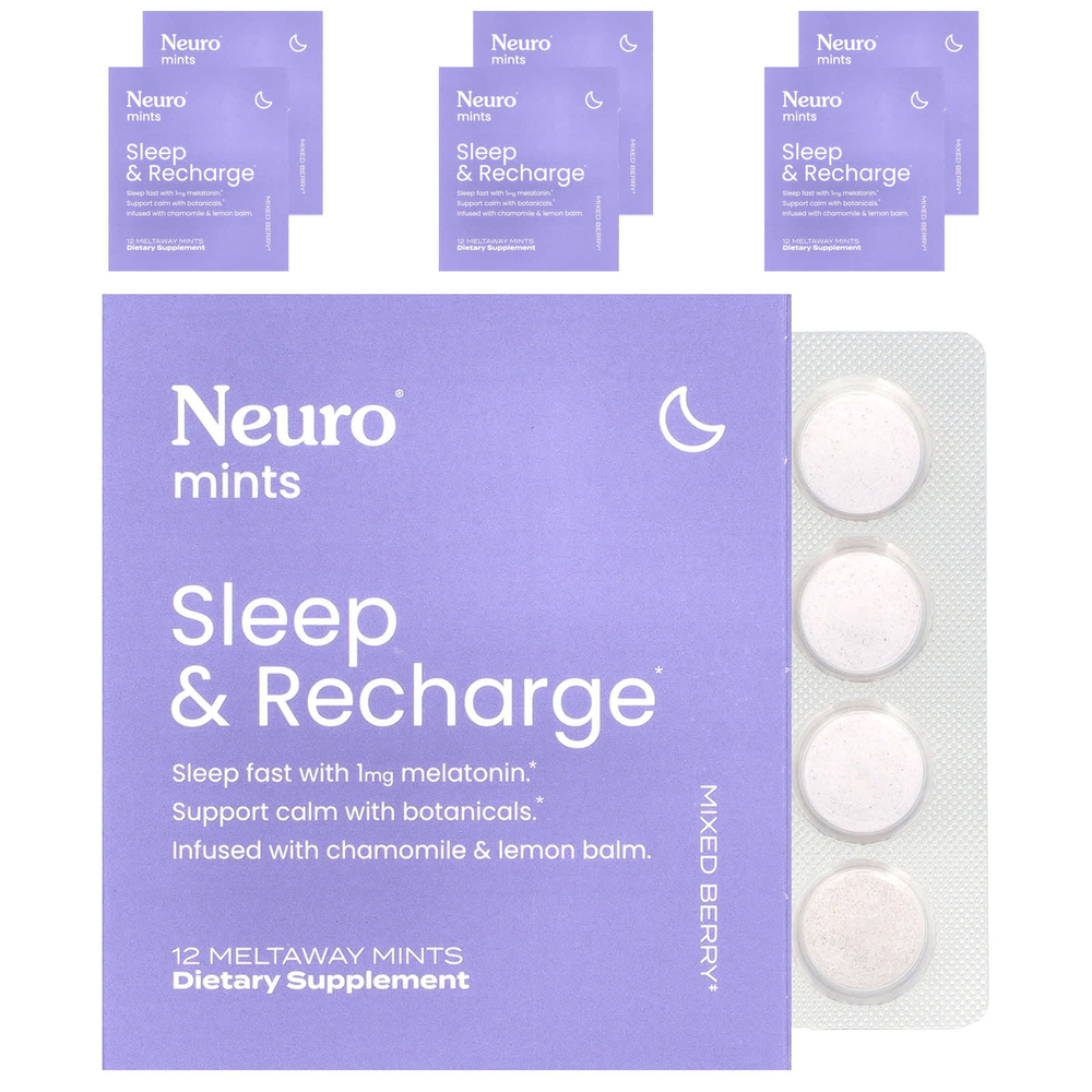 NeuroGum, NeuroMints, сон и восстановление, со вкусом ягодного ассорти, 6 пакетиков, 12 мятных конфет Meltaway