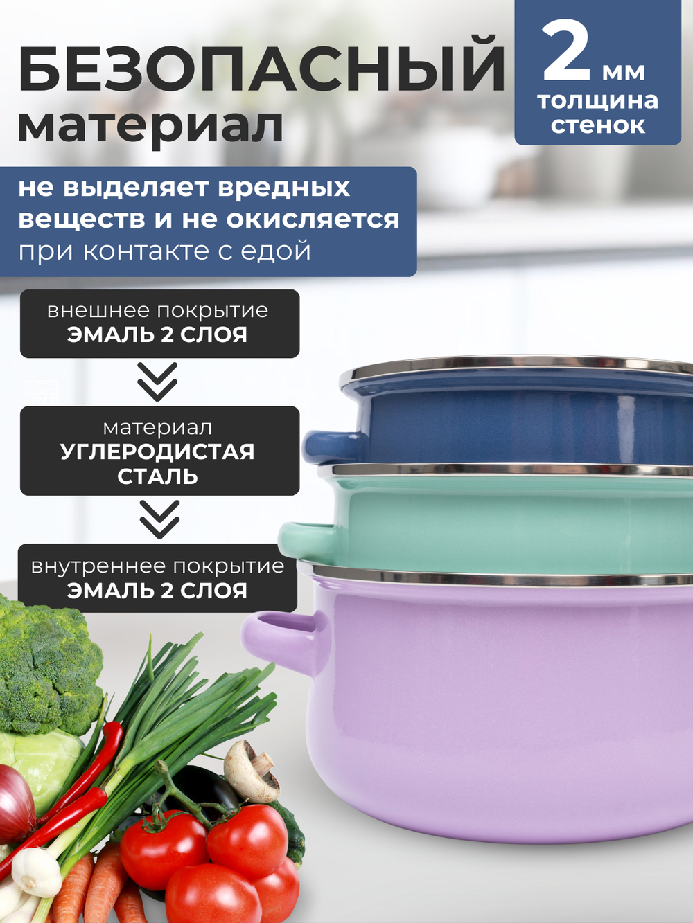 Набор эмалированных кастрюль с крышками 3 штук