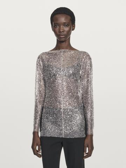 Massimo Dutti Блуза с пайетками и драпированным вырезом, серебряный