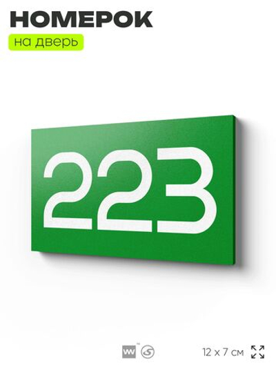 Номер на дверь 223, табличка на дверь для офиса, квартиры, кабинета, аудитории, склада, зеленая 120х70 мм, Айдентика Технолоджи