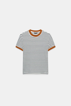 ZARA ФУТБОЛКА В ПОЛОСКУ С КОРОТКИМ РУКАВОМ, ЭКРЮ/ТЕМНО-СИНИЙ