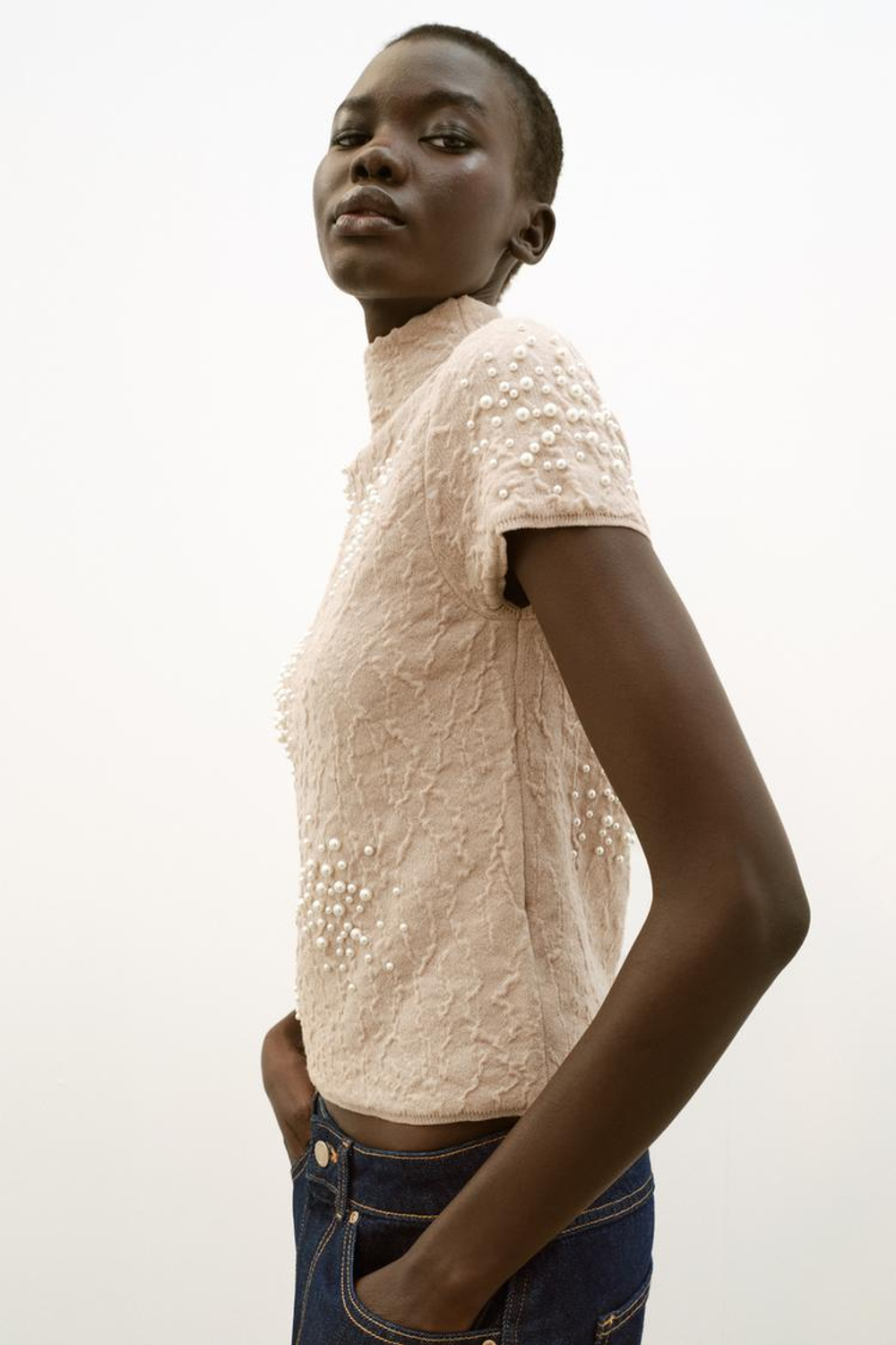 ZARA ТРИКОТАЖНЫЙ ТОП С ЖАТЫМ ЭФФЕКТОМ И БУСИНАМИ, ТЕЛЕСНО-РОЗОВЫЙ