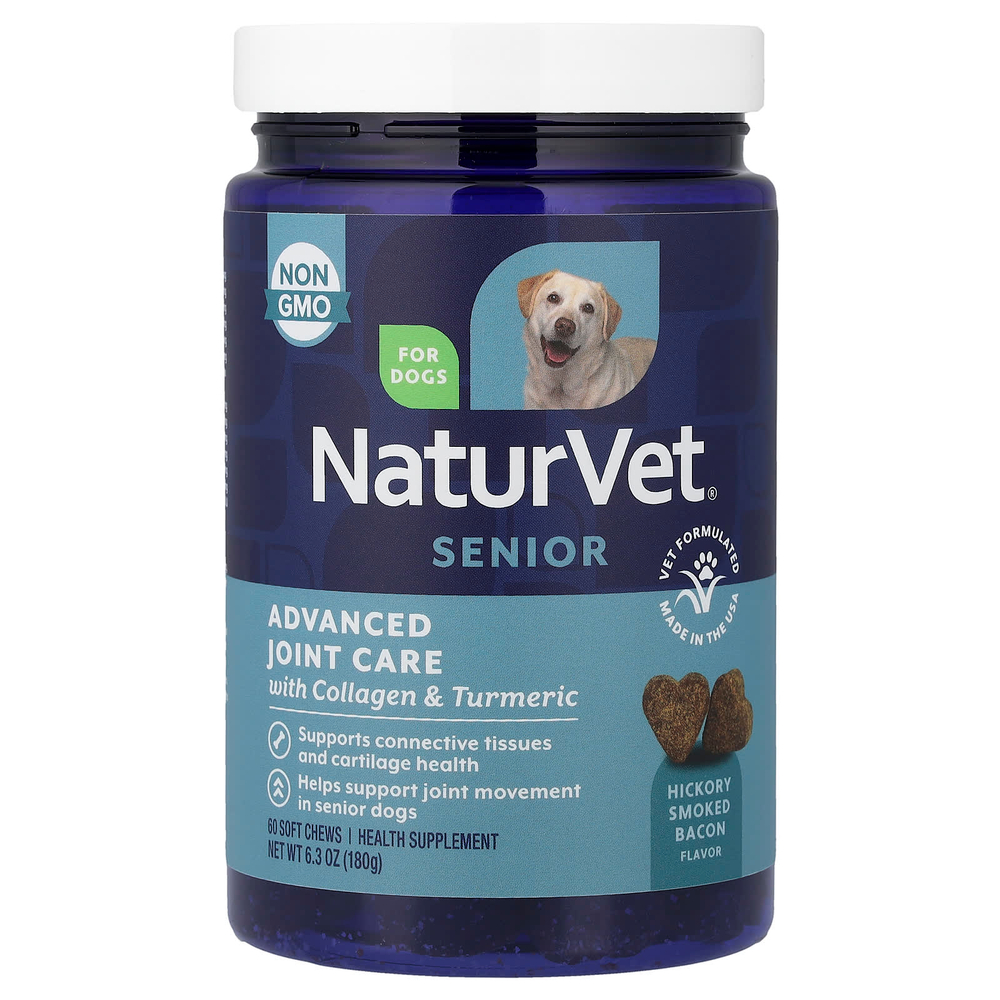 NaturVet, улучшенная формула для суставов, с коллагеном и куркумой, для собак, бекон, копченый на дровах пекана, 60 мягких жевательных таблеток, 180 г (6,3 унции)