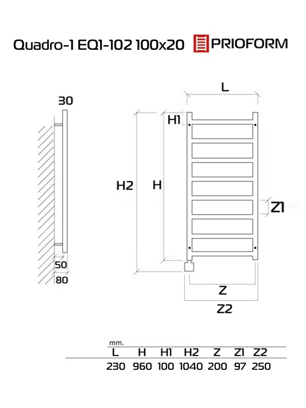 Quadro-1 EQ1 100x20 см Полотенцесушитель электрический