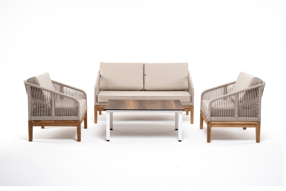 "Канны" лаунж-зона 4-местная из роупа со столиком "Канны" цвета "дуб", основание дуб, роуп бежевый