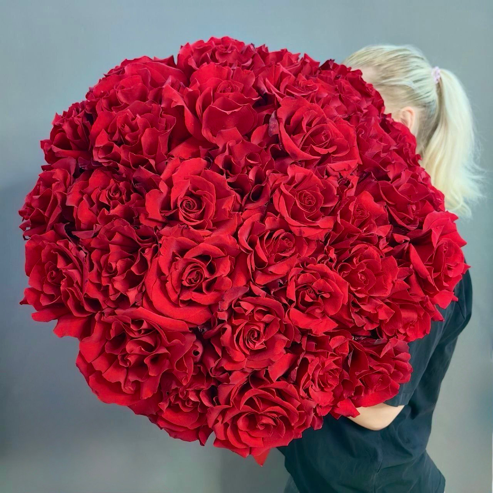 Букет из 35 французских роз сорта "Эксплорер" под ленту (Эквадор 60 см)