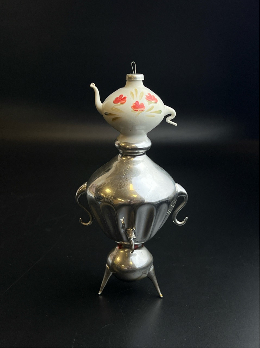Ёлочная игрушка редкая Самовар с чайником, стекло, 16.5 см, подвесная, Ленинградское производство Игрушка, ручная роспись, винтаж СССР 1960-1980 гг