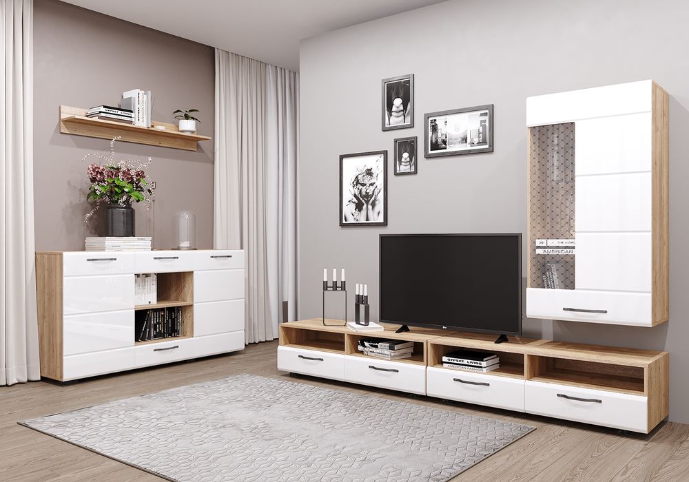 Гостиная 9 "Асти" (дуб бунратти/белый глянец), ЛДСП/МДФ, ДСВ Мебель, г. Пенза