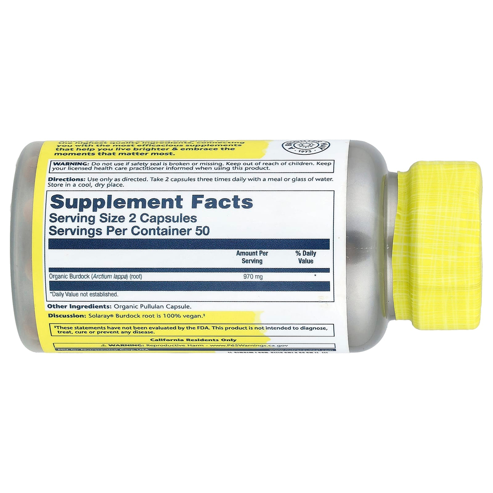 Solaray, Органический лопух, 100 органических капсул (485 мг на капсулу)