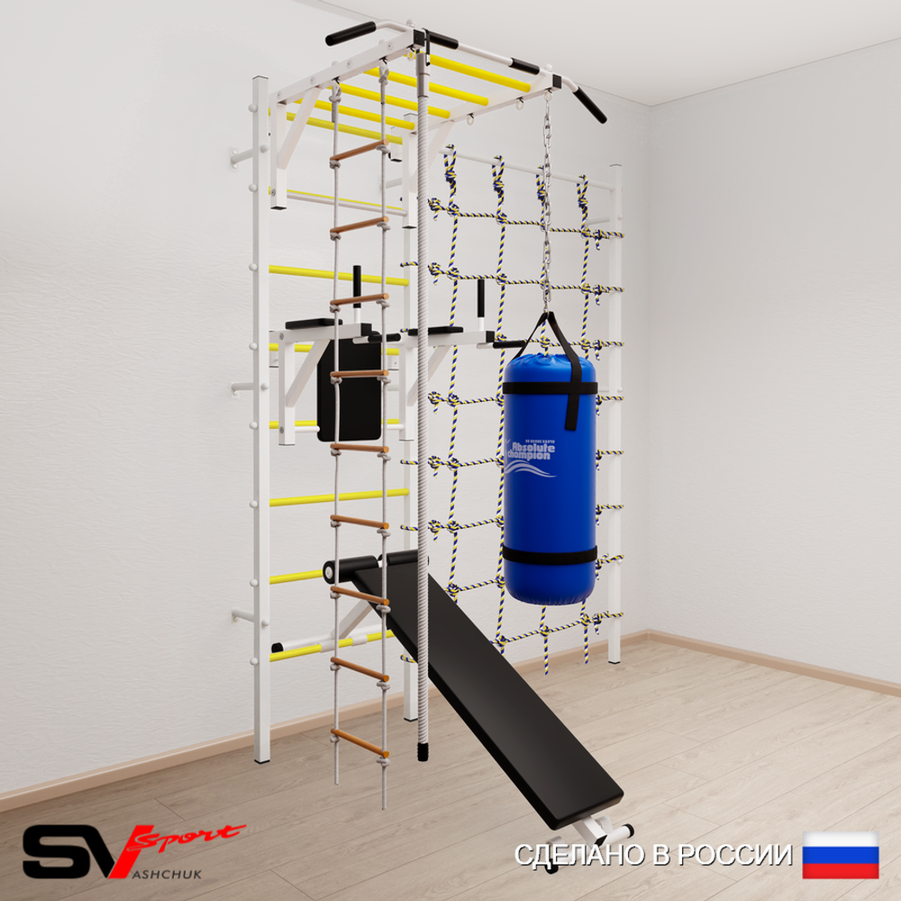 Шведская стенка Sv Sport 55520 (Турник рукоход/Брусья/Скамья/Канат/Лестница/Цепь/Мешок 22кг/Канатный лаз)